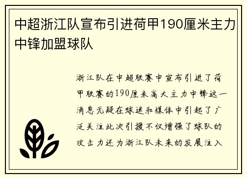中超浙江队宣布引进荷甲190厘米主力中锋加盟球队